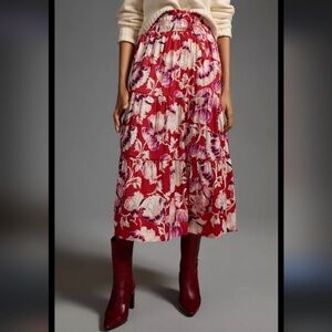 Anthropologie Red Floral Tiered Midi Skirt with Pink Accents